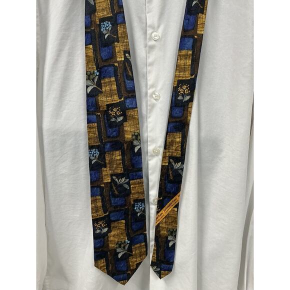 Ermenegildo Zegna Tie Gold Blue Geo Floral 100% Silk Necktie Italy Made Classic - Picture 5 of 6